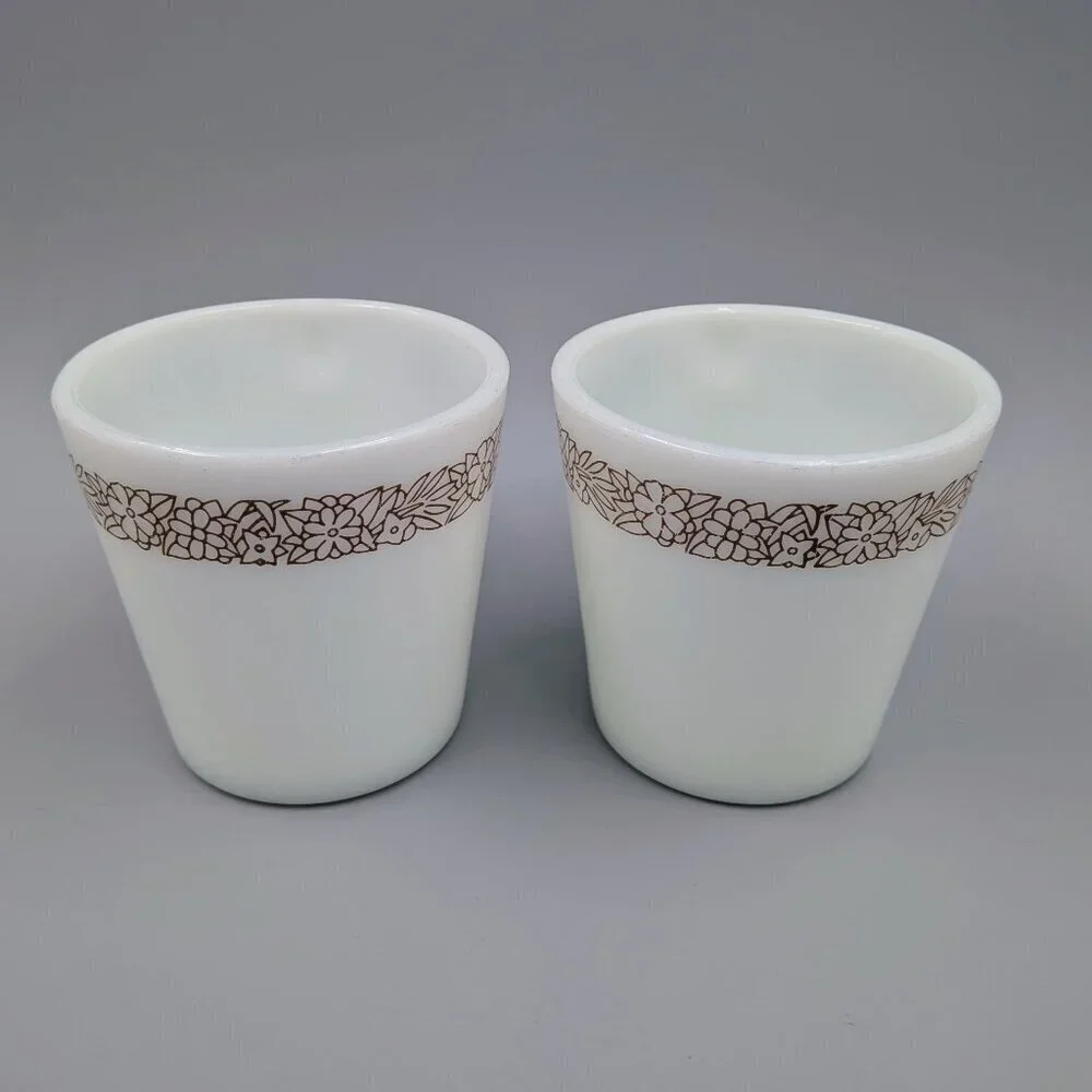 Retro Vibe: Pair of Vintage Pyrex Woodland Brown Coffee Mugs - 1970s Milk Glass